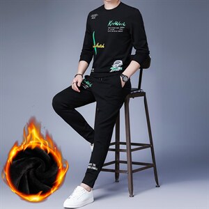中年男士运动套装春秋季商务休闲圆领印花运动服卫衣男套装潮图片