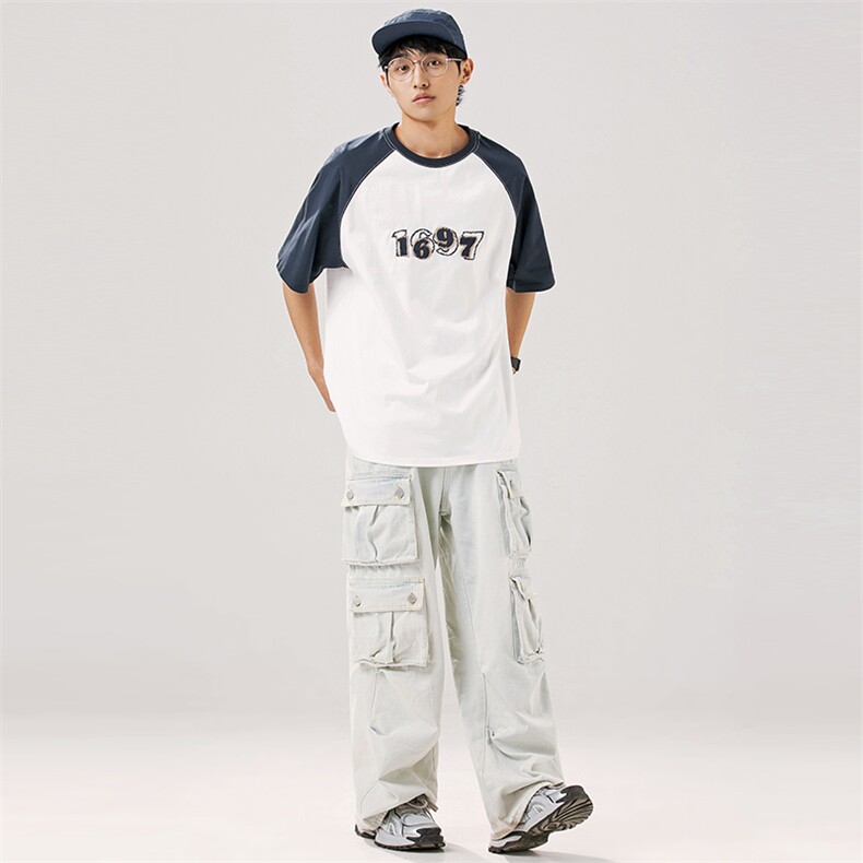 2024夏季新款男装日系潮牌拼接圆领宽松短袖休闲T恤半袖T908-F44,男装T恤,电商A101（原外27）
