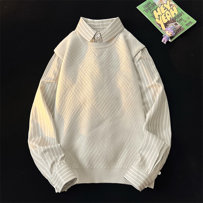 高品质男士假两件加绒衬衫领新款刺绣针织打底衫CS63=p68，男装T恤，电商B278