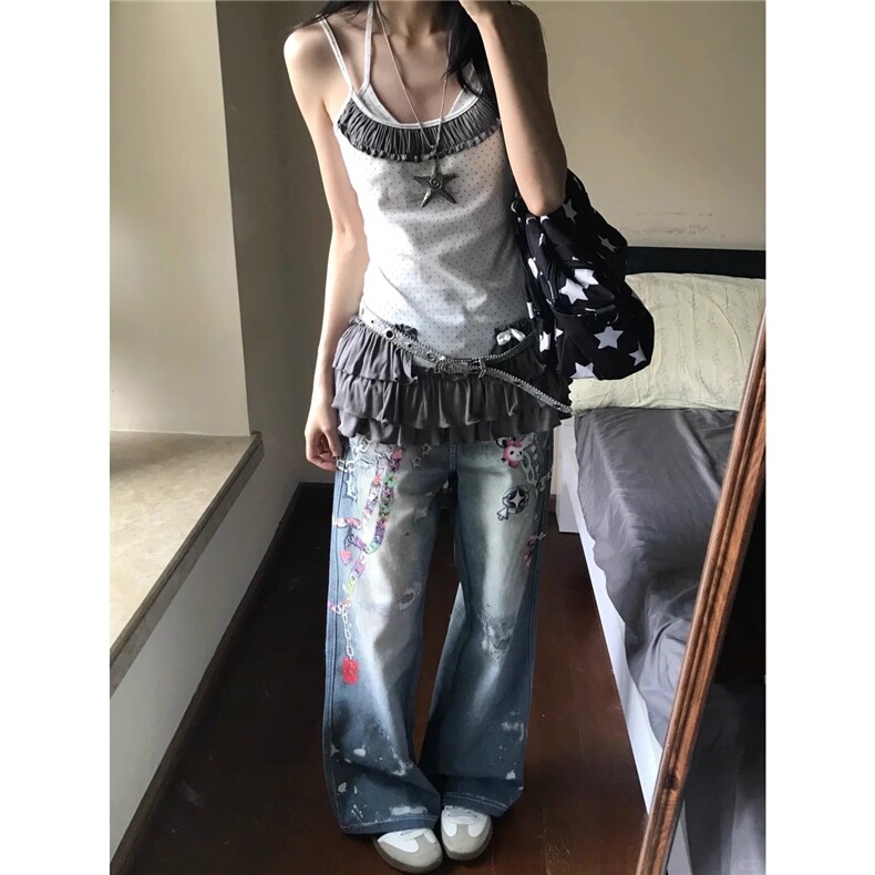 复古重工做旧链条印花牛仔裤男女2025秋季新款松弛感阔腿拖地裤,男装牛仔裤,四季星座505