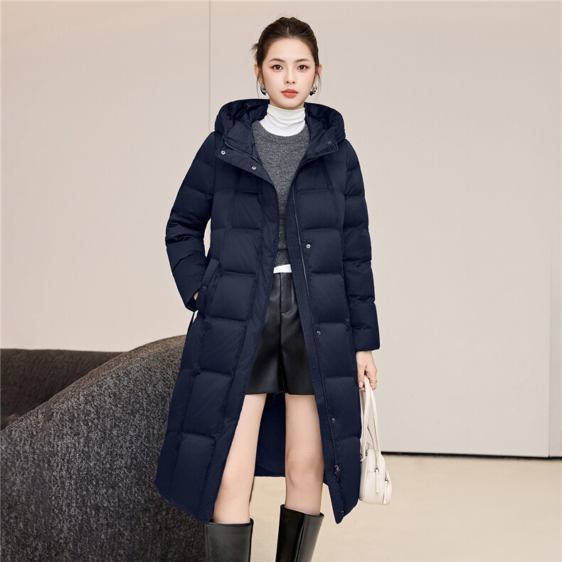 90鸭绒连帽羽绒服女2025冬季新款系带收腰加长款过膝棉袄外套,女装羽绒服,阿舍尔精品