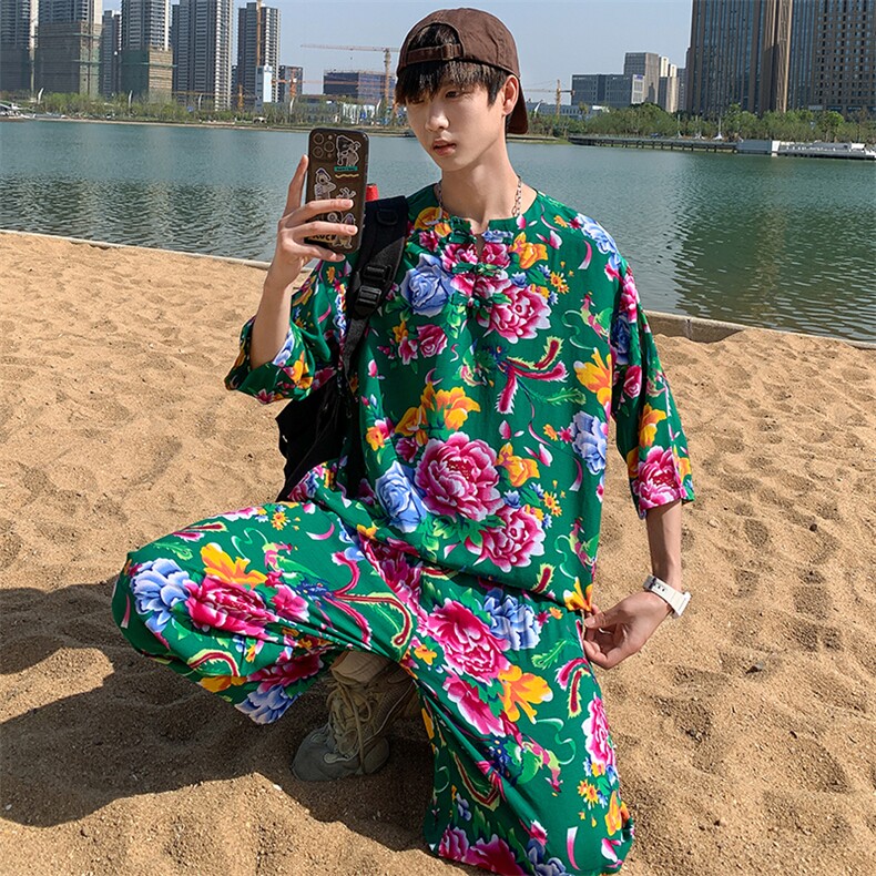 TZ340男士夏季风大花布套装大码宽松凉爽透气民族风个性外套，男装休闲套装，星座115A(原星座507）