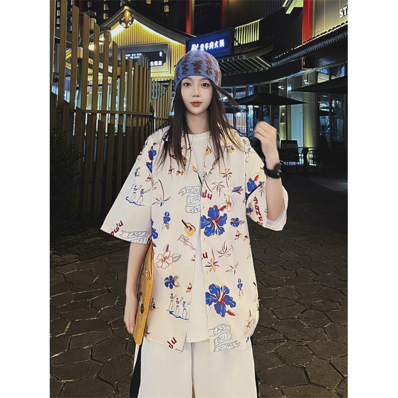 夏威夷风沙滩短袖衬衫男女同款夏季新款印花薄款休闲衬衣,男装衬衫,星座410-7