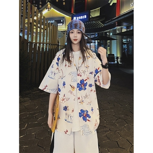 夏威夷风沙滩短袖衬衫男女同款夏季新款印花薄款休闲衬衣图片