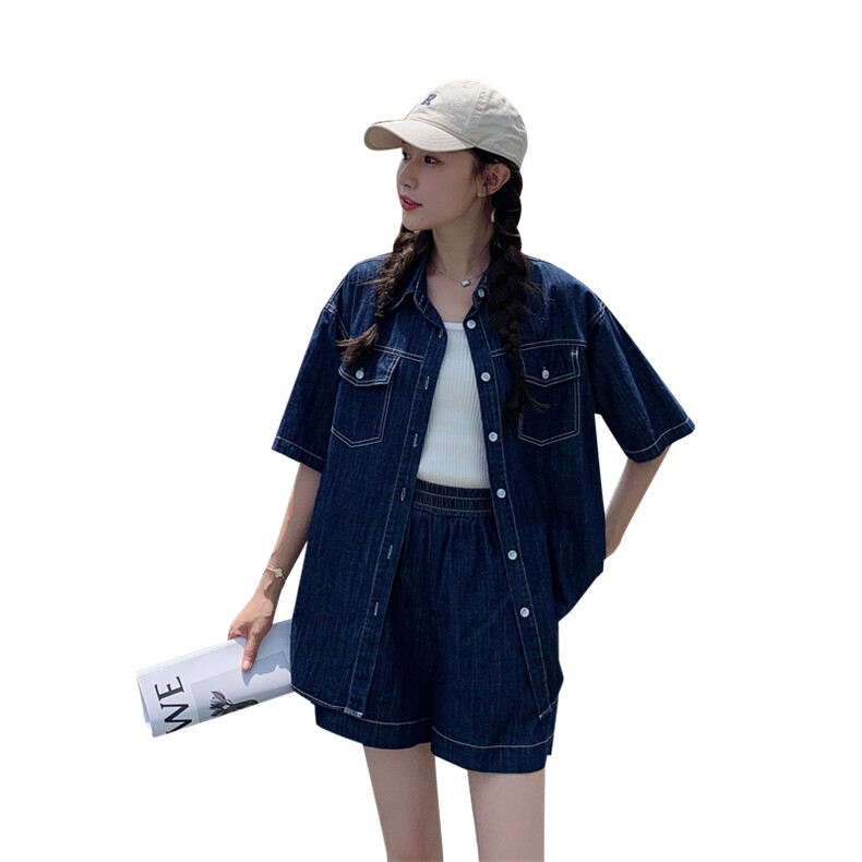 现货~！夏季薄款深蓝牛仔短袖短裤两件套套装女,女装套装/套裙,辉之琳