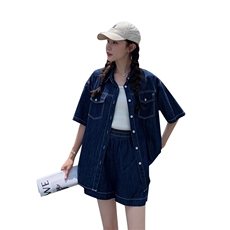 现货~！夏季薄款深蓝牛仔短袖短裤两件套套装女，女装套装/套裙，辉之琳