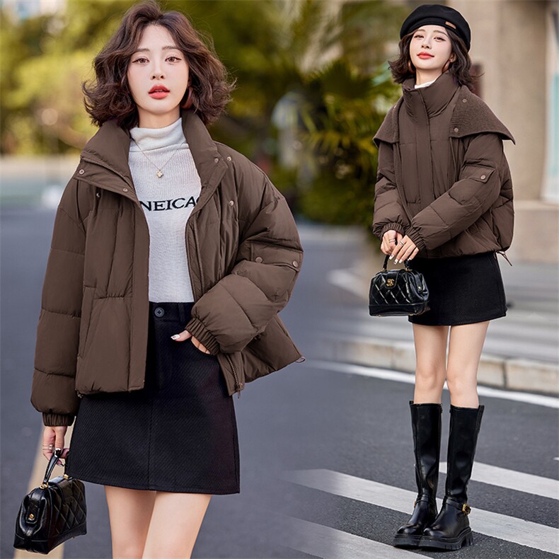 【24冬季新品】针织拼接可拆卸立领羽绒服~短款面包服羽绒服女,女装羽绒服,慕依路