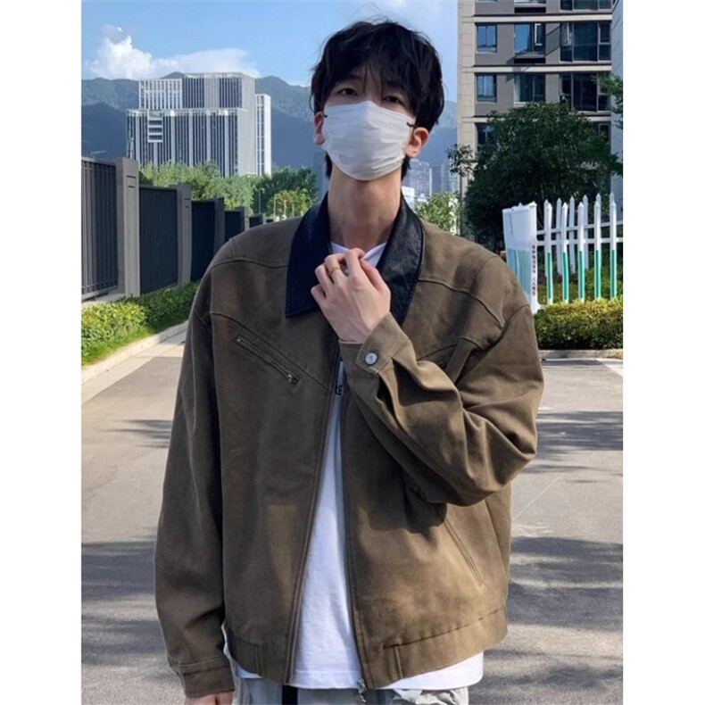 复古美式拼接翻领工装外套男款水洗夹克垫肩棒球服百搭 JK982图片