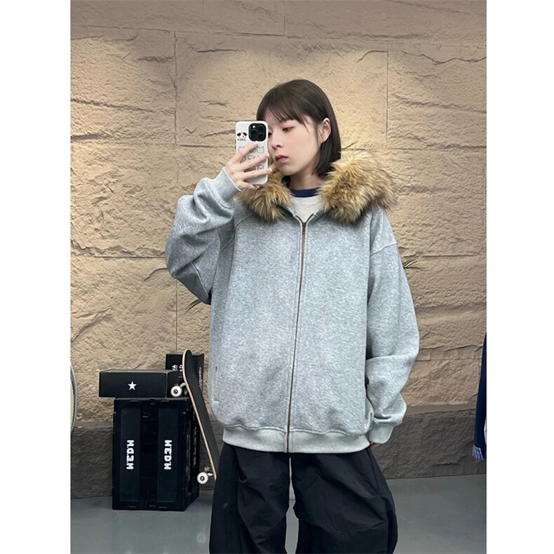 480G重磅加绒硬挺boxy秋冬美式高街超大毛领座山雕连帽卫衣厚外套图片