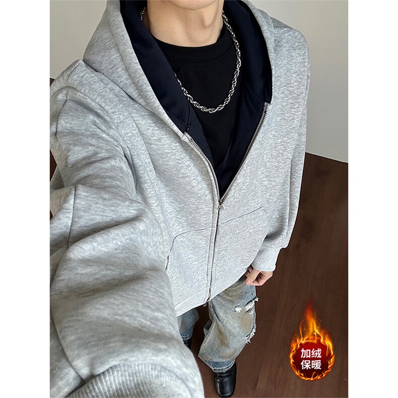 加绒加厚卫衣开衫内里撞色保暖宽松外套男女D51208-TP85159,男装棉衣,电商A102