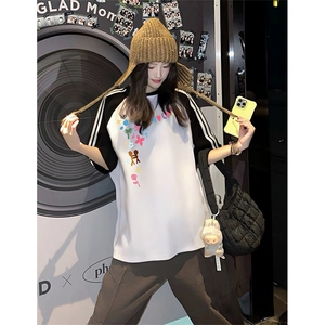 抖音得物品质二开240克宽松纯棉美式潮牌插肩三杠织带短袖T恤图片