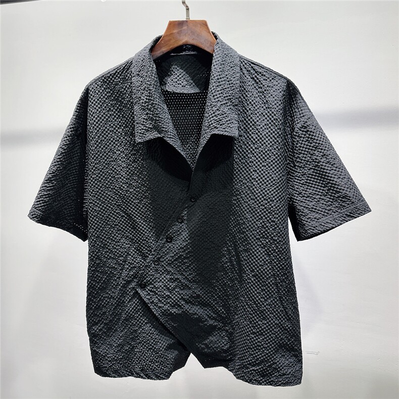 FF3433-P37 2025夏季新款时尚潮流不规则设计感透气宽松短袖衬衫图片