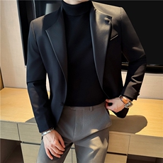 老钱风羊毛立领拼接西装男时尚个性穿搭西服黑色外套DX7047-P275，男装西服套装，电商A213