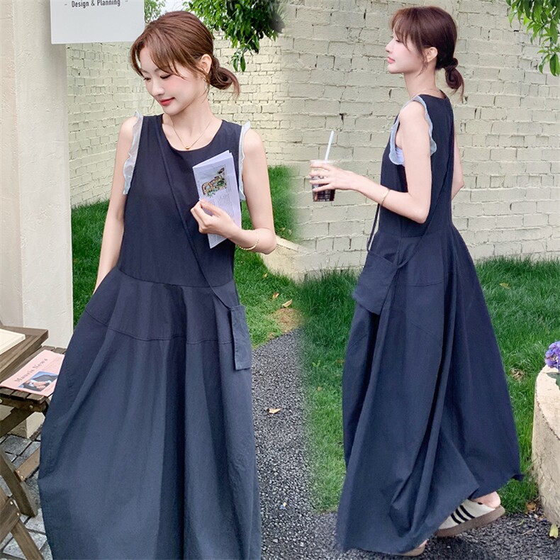 设计感薄纱拼接深蓝色无袖连衣裙女2025夏季轻熟风气质淡人背心裙,女装连衣裙,纯色衣恋