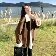 咖棕色美拉德设计款皮毛一体外套女2025秋冬季新款加绒保暖机车服，女装短外套，2C177