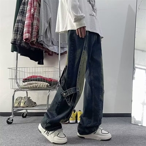 秋季拼接假两件牛仔裤男直筒做旧水洗高街美式休闲潮牌痞帅裤子图片
