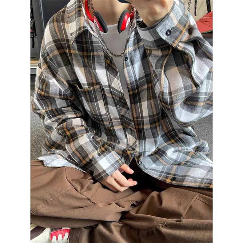 美式复古格子衬衫女春秋新款宽松流行百搭长袖衬衣外套,男装衬衫,星座1210-1