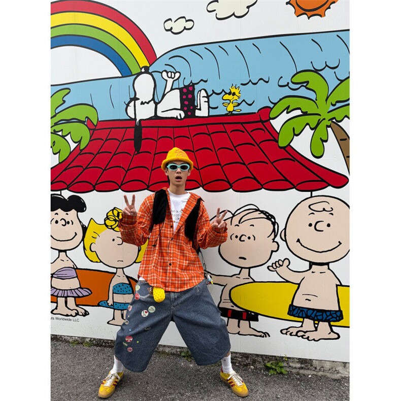 美式复古橙色格纹长袖衬衫男女宽松百搭衬衣W204-P30,男装衬衫,星座910B