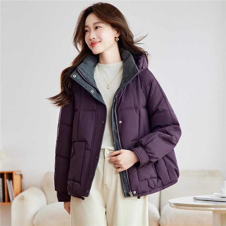 2025年冬季新款连帽拼接时尚棉服女加厚保暖,女装棉衣/棉服,忆绮罗