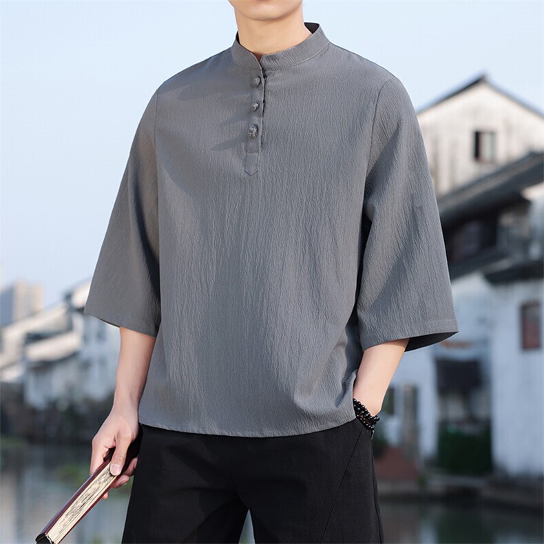 2025新款夏季风纯色立领上衣盘扣休闲T恤宽松潮流男T2505-P45图片
