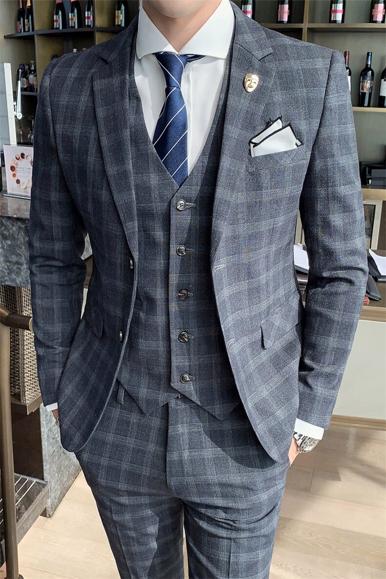 格子西装套装男西服三件套礼服修身商务SJT-X40-P285,男装西服,星座1012