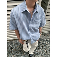 条纹肌理感夏季小众设计感衬衫短袖男士潮流美式潮流衬衣P35，男装T恤，电商C306-1
