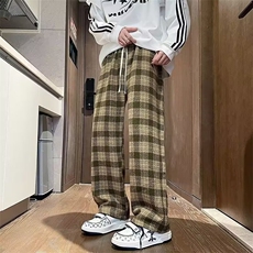 美式复古毛呢格子裤男春秋潮牌绿色小香风裤子直筒休闲裤A995/P45，男装休闲裤，星座506