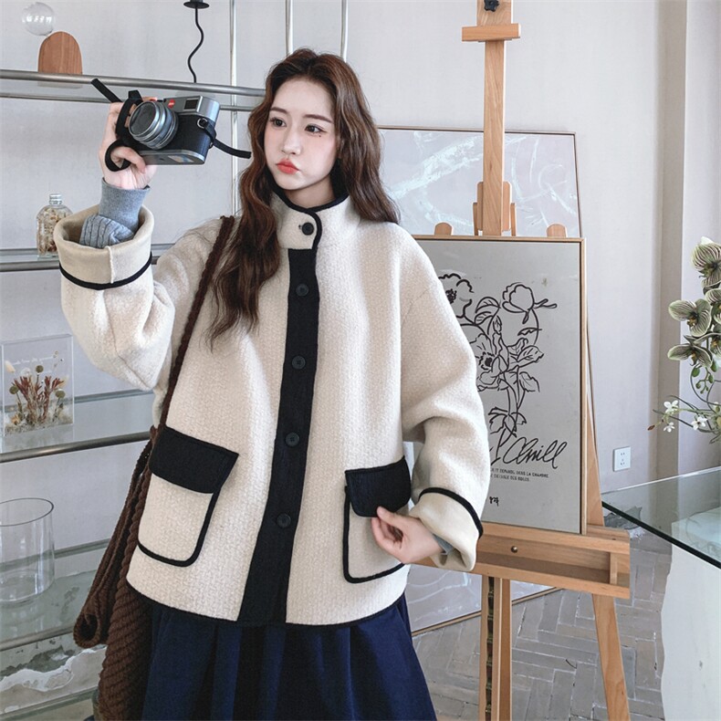 新款呢料复合撞色短外套毛呢AD922-P215K318,女装毛呢外套,2B187