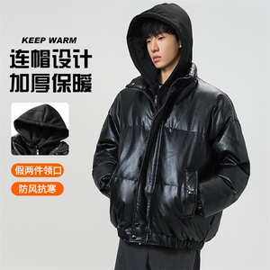 现货 假两件pu皮衣棉服外套男冬季新款加厚美式高街棉衣M106-P120图片