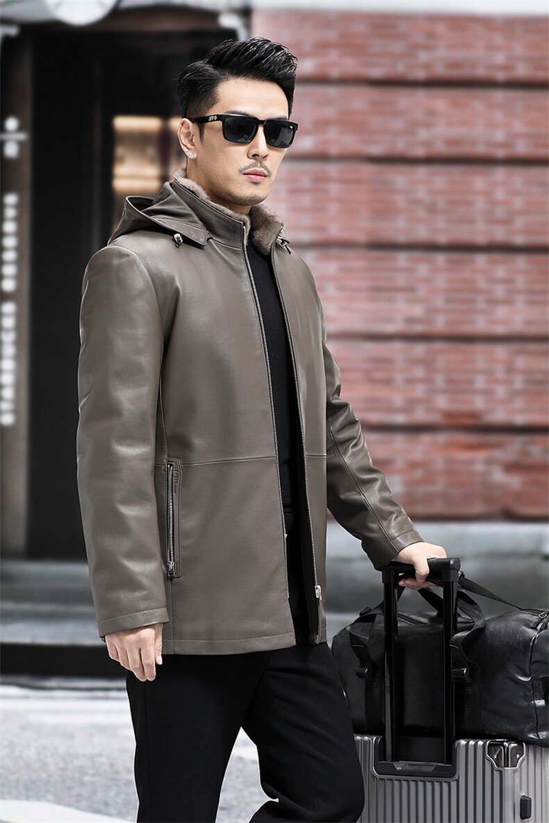 冬季新款男士羽绒服水貂领连帽外套绵羊皮中长款皮衣P880,男装皮衣,电商B360