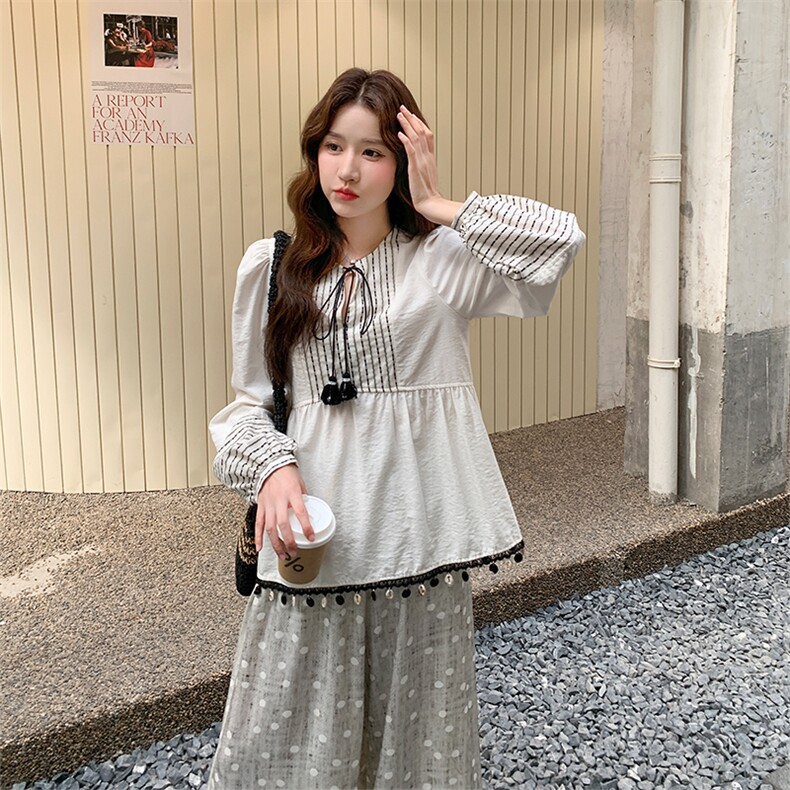 温柔系穿搭甜美流苏娃娃衫套装女秋2025新款显瘦波点阔腿裤两件套,女装套装/套裙,2C052
