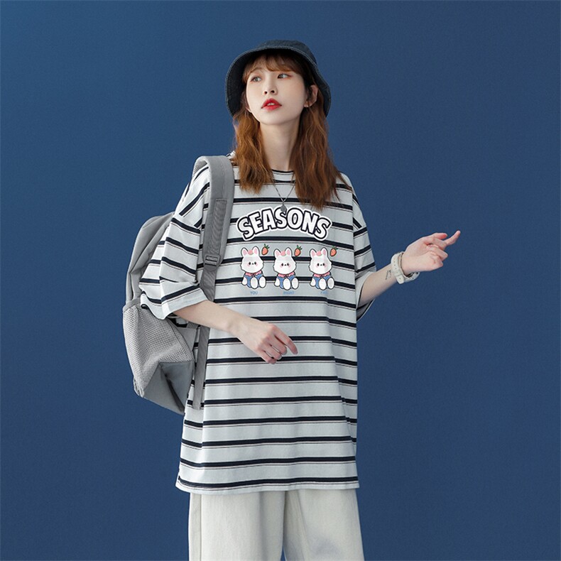 中性夏季条纹撞色印花卡通图案圆领情侣短袖T恤T864P35控48,女装T恤,A247A
