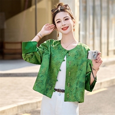 超好看绿色新中式国风提花短外套女2025春秋新款宽松显瘦圆领上衣，女装短外套，美沁