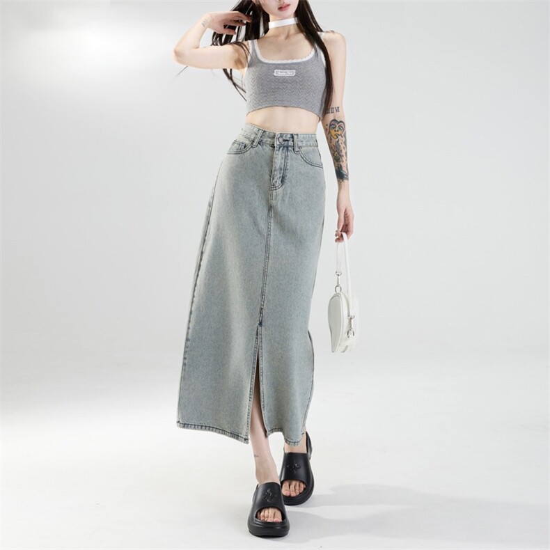 浅色牛仔半身裙女2025年夏季新款设计感开叉高腰中长包臀裙子,女包手腕包,星座1210-1
