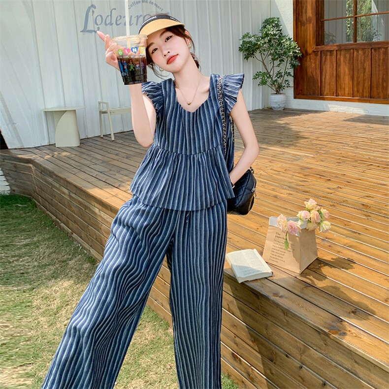 高级松弛感穿搭套装女夏2025新款小香风飞袖牛仔阔腿裤小众两件套,女装套装/套裙,维壹