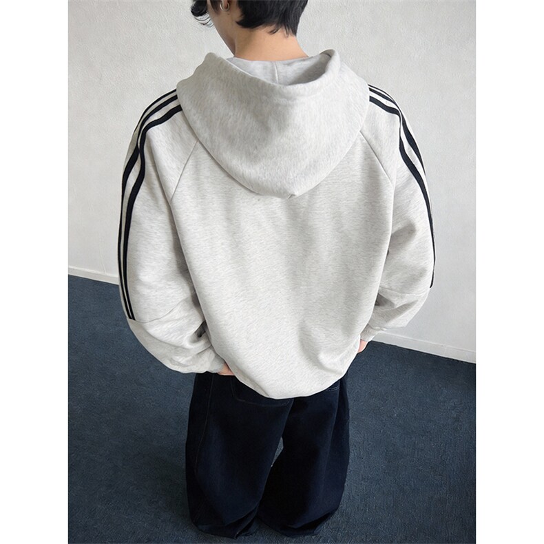 高品质春装新款男女美式高街结构三条杠宽松纯色织带连帽卫衣CM04,男装卫衣,电商A486
