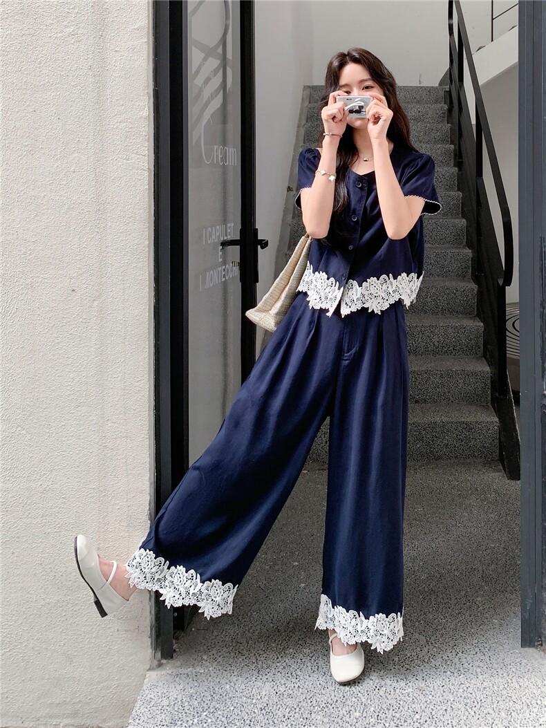 蕾丝拼接套装女夏韩里韩气漂亮设计上衣阔腿裤两件套,女装套装/套裙,浙宝290（原306）