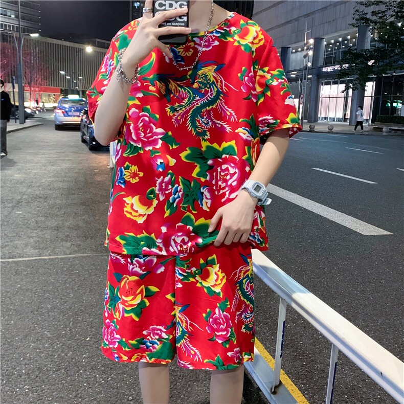 TZ203男女休闲东北大花短袖圆领T恤衫短裤可套装单选团队服风，男装休闲套装，星座115A(原星座507）
