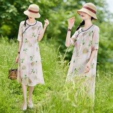 高端苎麻旗袍风文艺复古裙子2022年夏季新款棉麻印花圆领连衣裙女,女装连衣裙,辉之琳