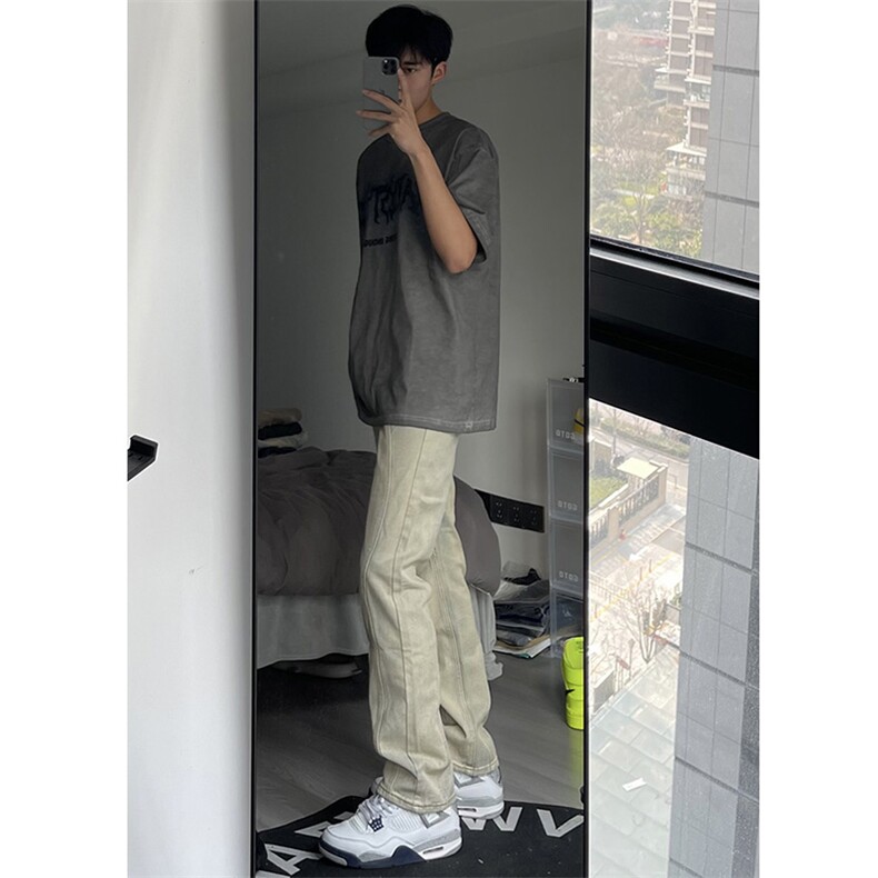 自拍图直播拼接牛仔裤微喇叭高街B342-K7029-P60控88,男装牛仔裤,电商B342