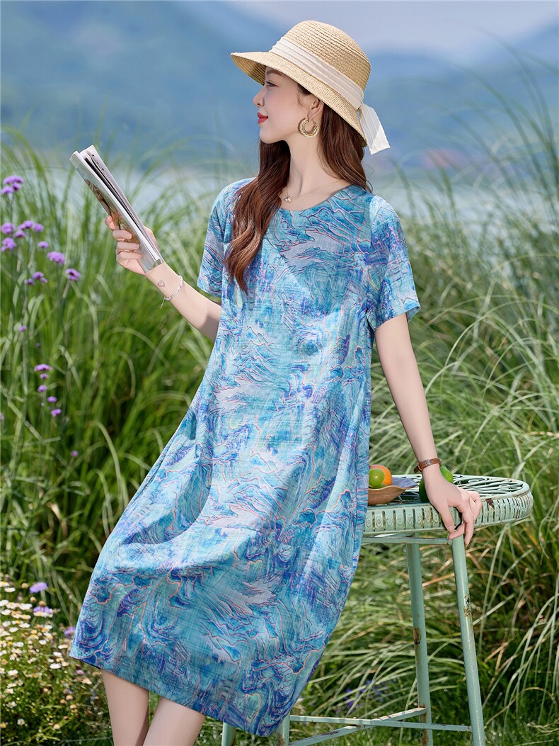 时尚印花圆领棉麻连衣裙女2026夏薄款舒适小个子休闲宽松显瘦裙子,女装连衣裙,倪叶myz
