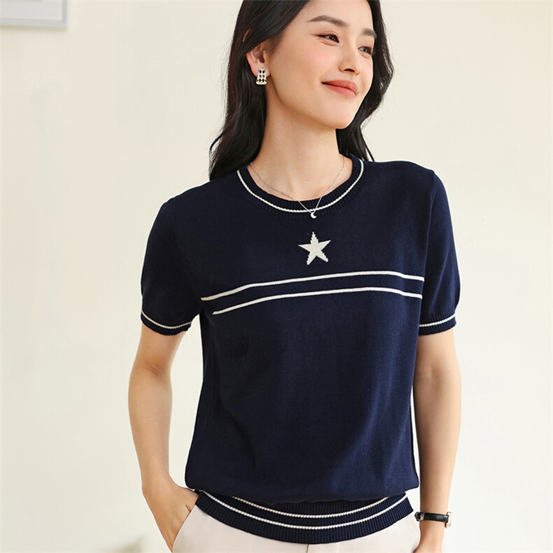 白色短袖t恤女2025新款夏季纯棉针织修身高腰法式高级感短袖上衣,女装T恤,伊绒腾羊绒