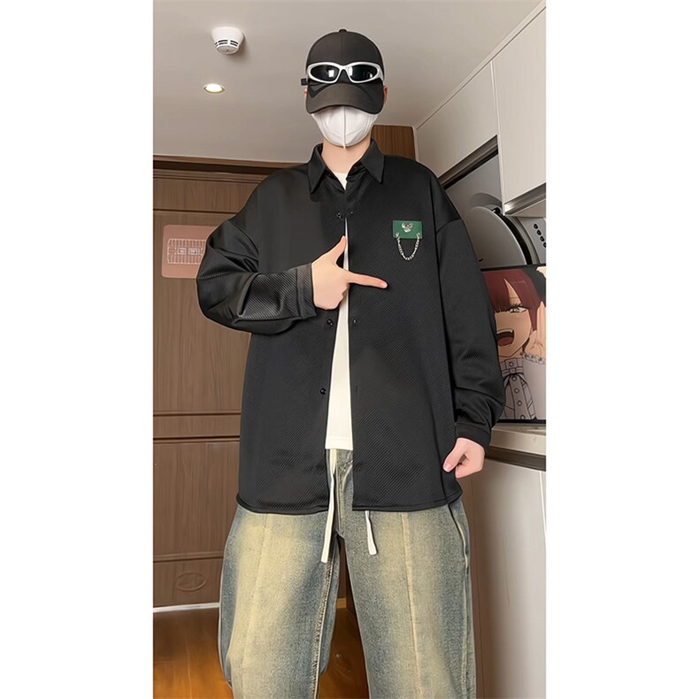 港风宽松挂链长袖衬衫男KD500-P50,男装衬衫,电商D312-1