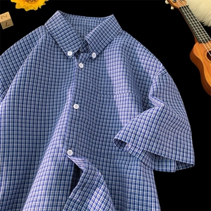 特批P30无差价夏季港风休闲格子设计男潮流宽松短袖衬衫CD5495图片