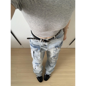 【有货】浅蓝色多口袋工装牛仔裤男款宽松美式裤子K8034LL-特P56图片