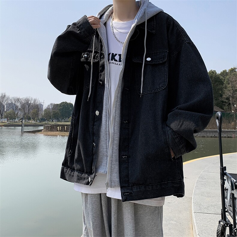 港风秋款男牛仔连帽夹克假两件工装大口袋抽绳休闲外套JK1181P75,男装夹克,星座1013-1