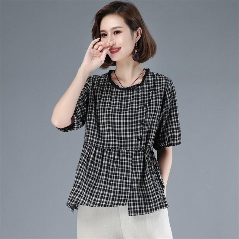 时尚百搭2021年夏季T恤潮流简约舒适格子,女装T恤,奕阳依阁