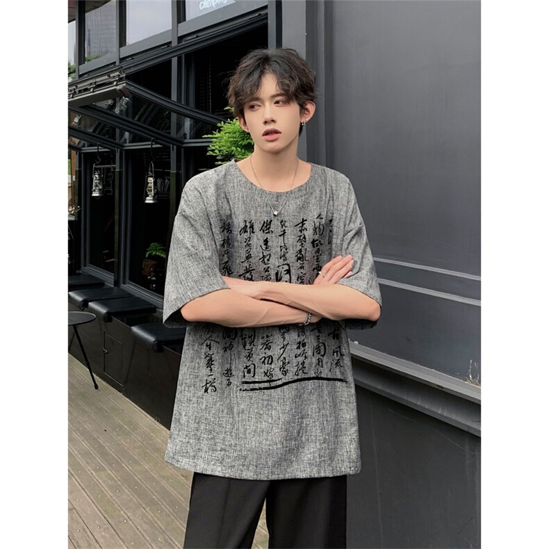 已做版权 现货 新中式棉麻书法宽松亚麻大码短袖男 MT23-P35 控58图片
