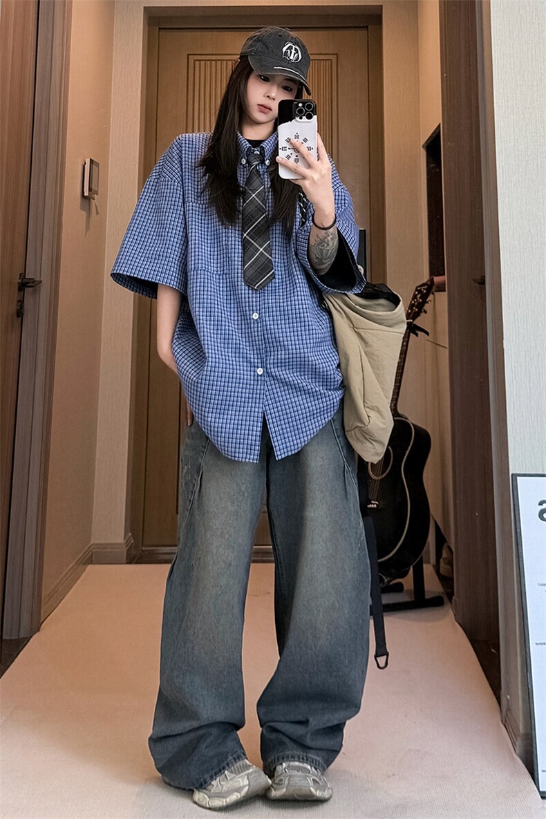特批P30无差价夏季美式高街格子设计男大码潮流短袖衬衫CD5495,男装衬衫,电商A001-1
