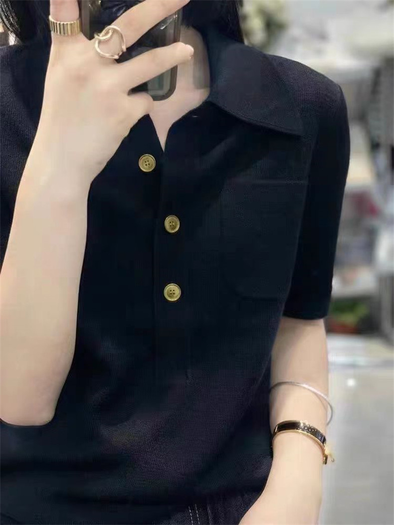 时髦洋气Polo领羊毛针织短袖女欧洲站宽松显瘦半袖衬衫翻领T恤衫,针织衫/毛衣,千御纺羊绒